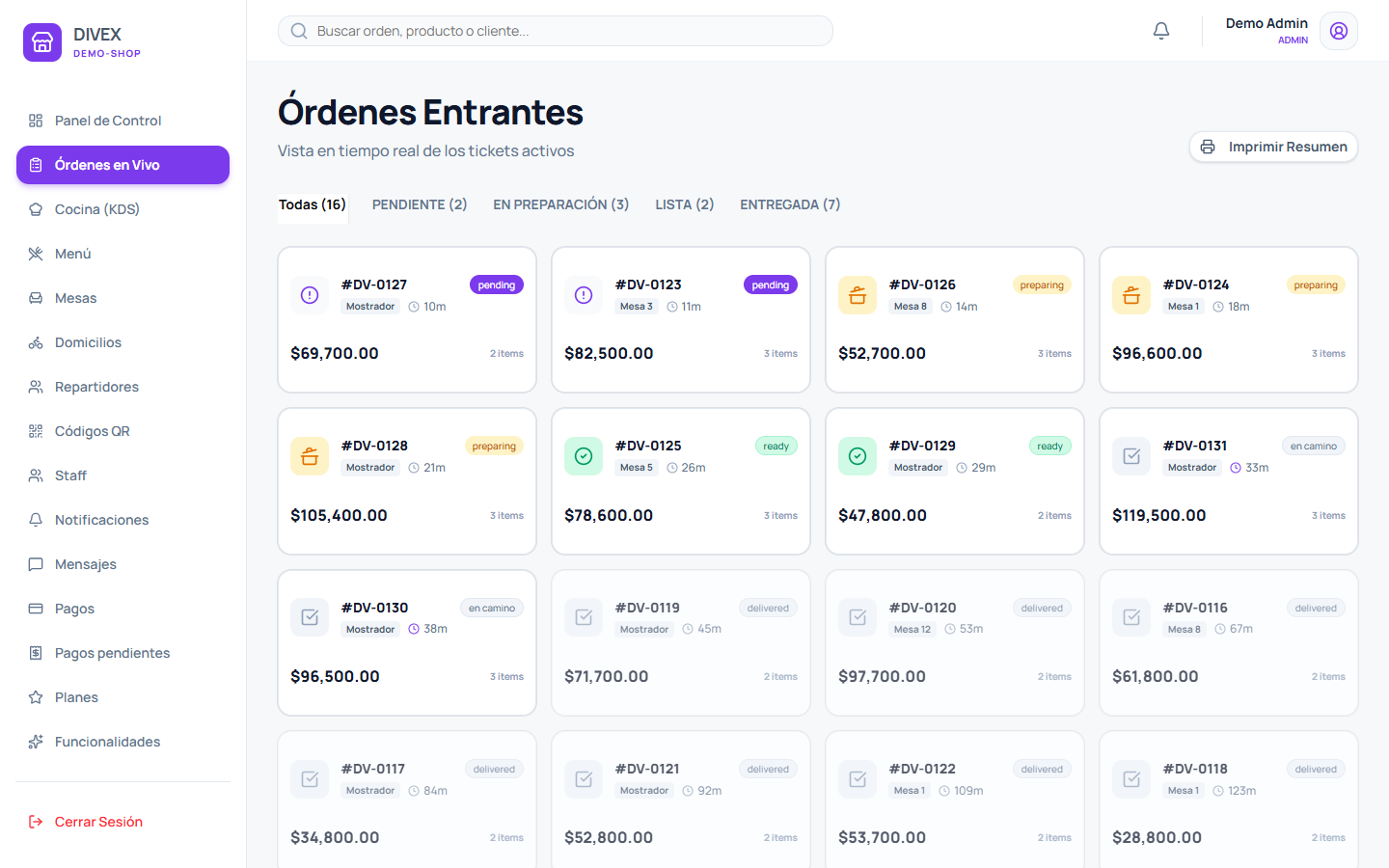 Pantalla de órdenes entrantes de DIVEX con los tickets separados por estado