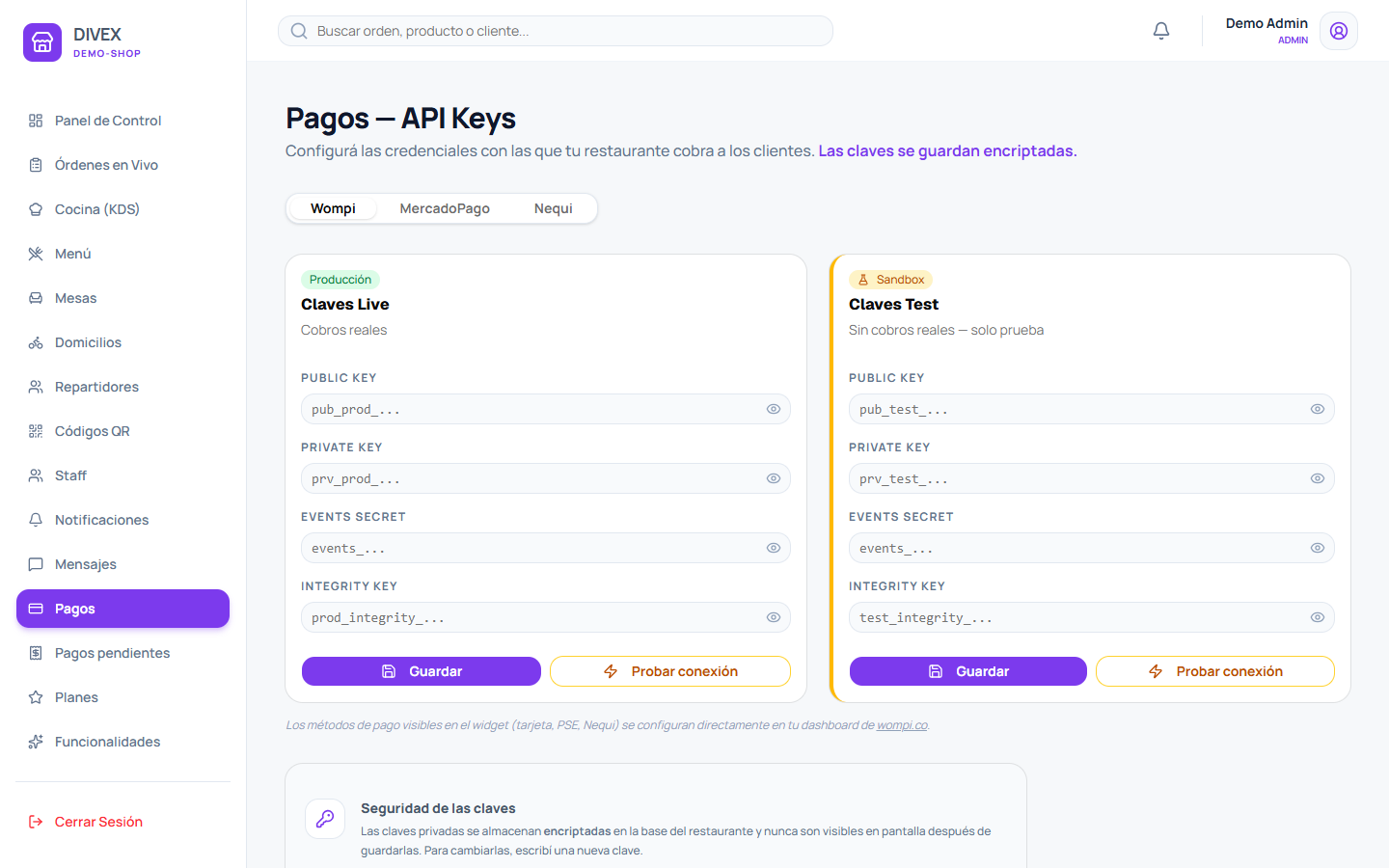 Configuración de pasarelas de pago en DIVEX