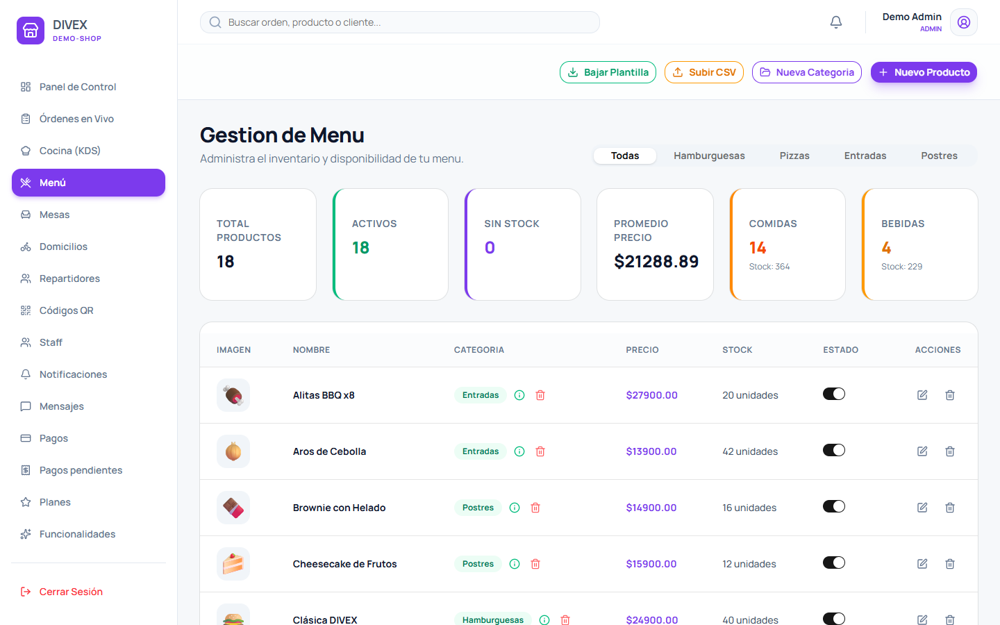 Administración del menú y los productos en DIVEX