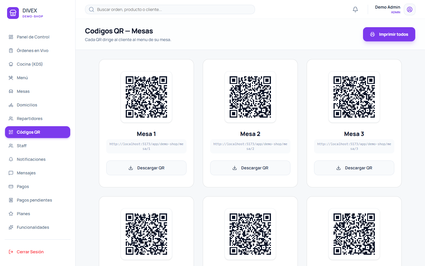 Códigos QR por mesa generados por DIVEX, listos para imprimir
