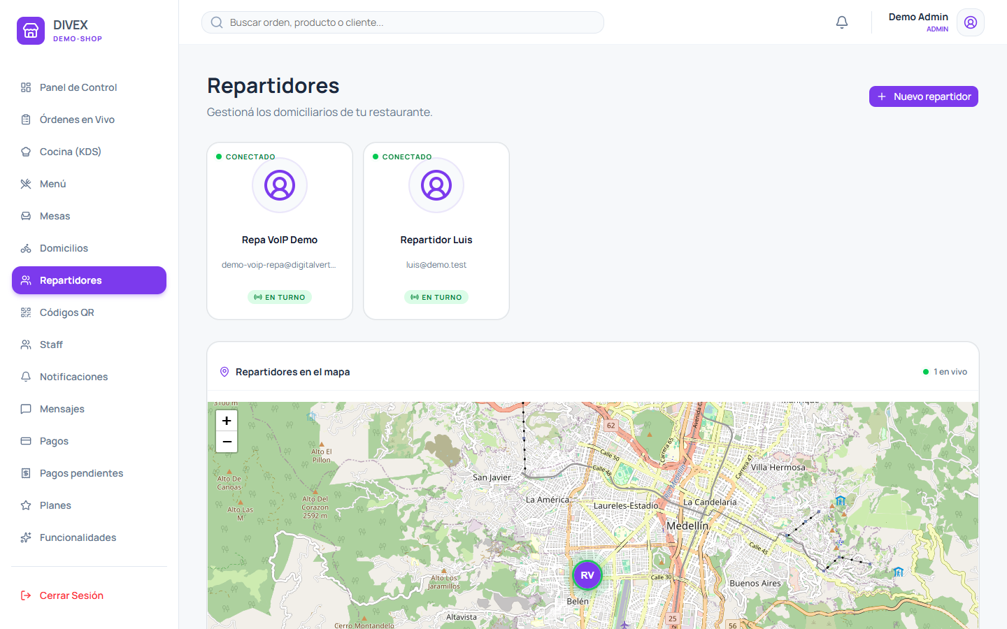 Mapa de repartidores de DIVEX mostrando un domiciliario en vivo sobre Medellín