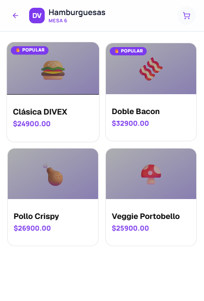 Carta digital de DIVEX vista por el cliente desde el QR de su mesa