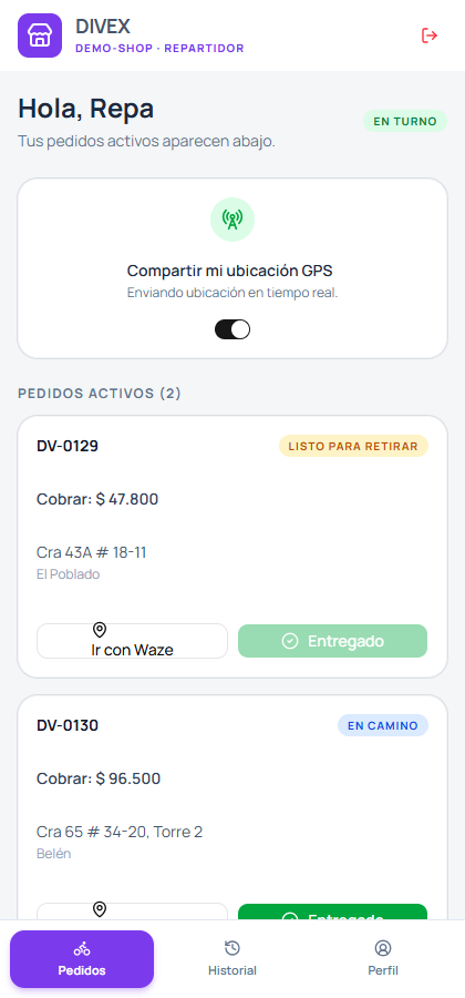 Pantalla del repartidor con sus pedidos activos y el interruptor de GPS